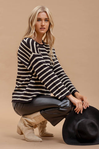 STRIPE BOAT NECK DROP SHOULDER KNIT SWEATER: BLACK - Rise and Redemption