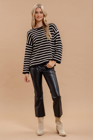 STRIPE BOAT NECK DROP SHOULDER KNIT SWEATER: BLACK - Rise and Redemption