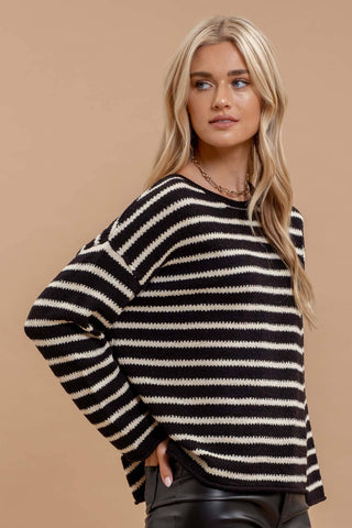 STRIPE BOAT NECK DROP SHOULDER KNIT SWEATER: BLACK - Rise and Redemption