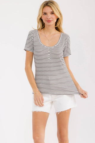Stripe Scoop Neck Henley Top T6304 - Rise and Redemption