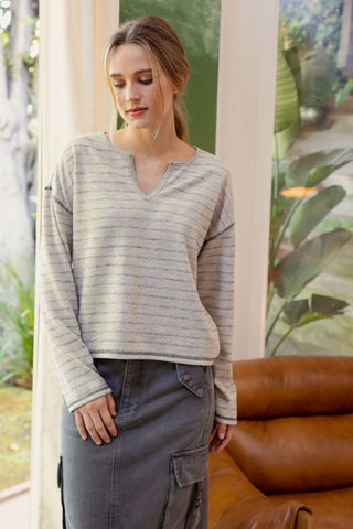 STRIPE SPLIT NECK LONG SLEEVE MARLED KNIT TOP - Rise and Redemption