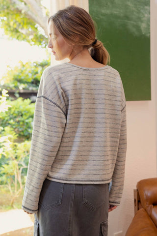 STRIPE SPLIT NECK LONG SLEEVE MARLED KNIT TOP - Rise and Redemption