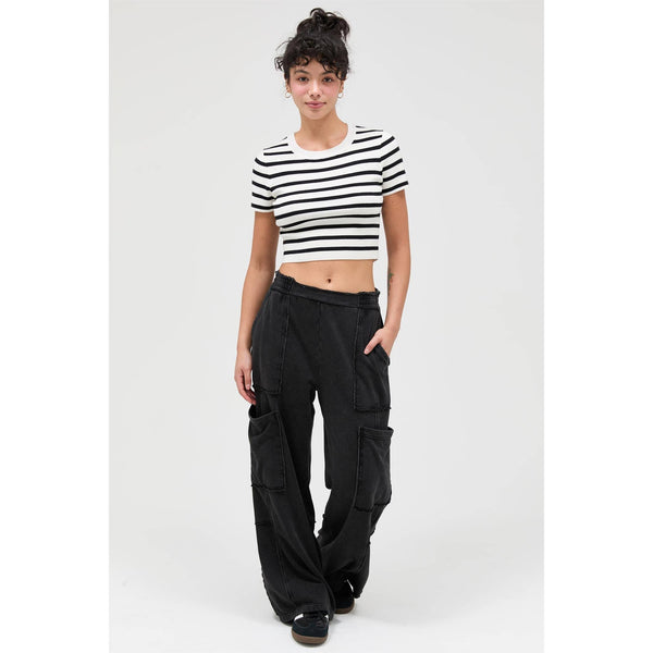 Striped And Knit Crew Neck Crop Top - Rise and Redemption