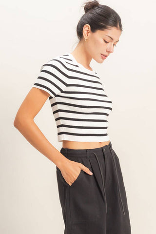 Striped And Knit Crew Neck Crop Top - Rise and Redemption