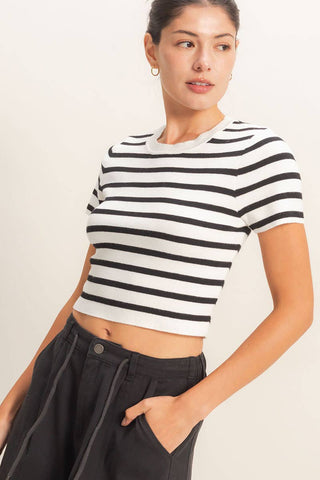 Striped And Knit Crew Neck Crop Top - Rise and Redemption