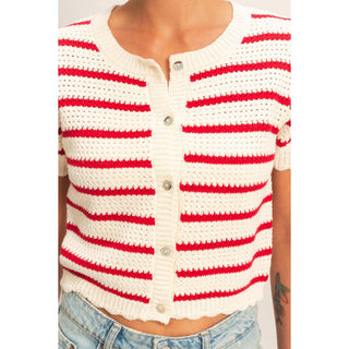 Striped Short Sleeve Cardigan With Scallop Edge - Rise and Redemption