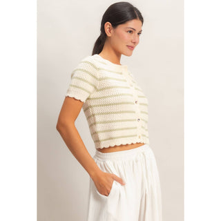 Striped Short Sleeve Cardigan With Scallop Edge - Rise and Redemption