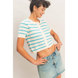 Striped Short Sleeve Cardigan With Scallop Edge - Rise and Redemption