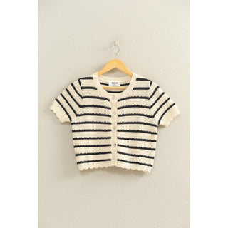 Striped Short Sleeve Cardigan With Scallop Edge - Rise and Redemption