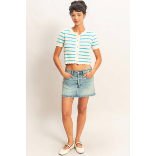 Striped Short Sleeve Cardigan With Scallop Edge - Rise and Redemption