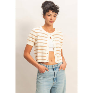 Striped Short Sleeve Cardigan With Scallop Edge - Rise and Redemption