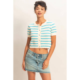 Striped Short Sleeve Cardigan With Scallop Edge - Rise and Redemption