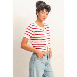 Striped Short Sleeve Cardigan With Scallop Edge - Rise and Redemption