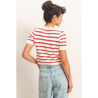 Striped Short Sleeve Cardigan With Scallop Edge - Rise and Redemption