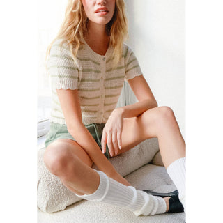 Striped Short Sleeve Cardigan With Scallop Edge - Rise and Redemption