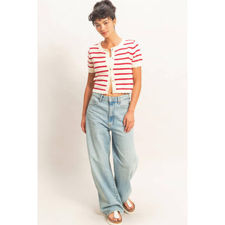 Striped Short Sleeve Cardigan With Scallop Edge - Rise and Redemption
