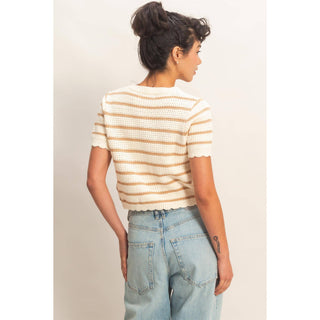 Striped Short Sleeve Cardigan With Scallop Edge - Rise and Redemption