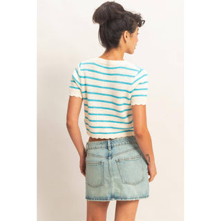Striped Short Sleeve Cardigan With Scallop Edge - Rise and Redemption