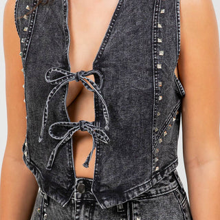 STUDDED TRIM SLEEVELESS DENIM VEST - RBT10823 - Rise and Redemption