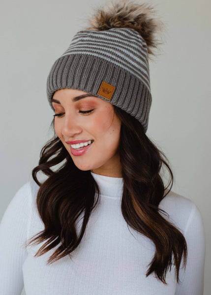 Taupe & White Striped Pom Hat - Rise and Redemption