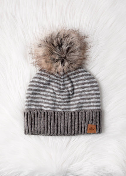 Taupe & White Striped Pom Hat - Rise and Redemption