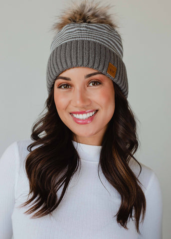 Taupe & White Striped Pom Hat - Rise and Redemption