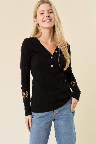 V Neck Button Detail Knit Top, Sleeve Lace Trim - 14632T - Rise and Redemption