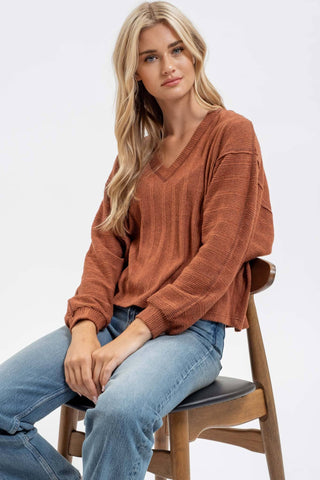 V NECK LONG SLEEVE KNIT TOP - Rise and Redemption