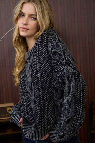 WASHED CABLE KNIT PULLOVER SWEATER - Rise and Redemption
