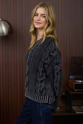 WASHED CABLE KNIT PULLOVER SWEATER - Rise and Redemption