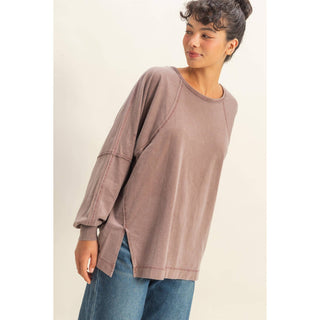 Washed Oversized Long Sleeve Top With Slit - Rise and Redemption