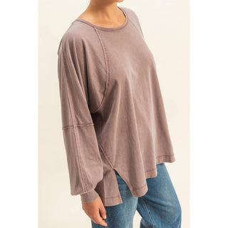 Washed Oversized Long Sleeve Top With Slit - Rise and Redemption