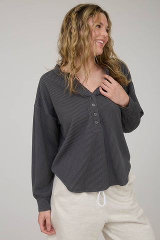 WASHED RIBBED LONG SLEEVE HENLEY KNIT TOP - Rise and Redemption