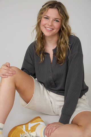 WASHED RIBBED LONG SLEEVE HENLEY KNIT TOP - Rise and Redemption