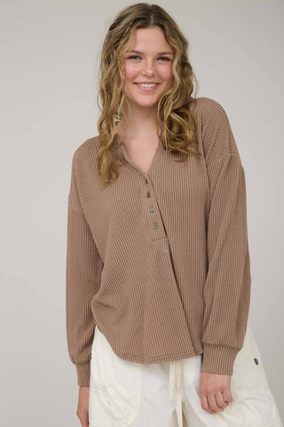 WASHED RIBBED LONG SLEEVE HENLEY KNIT TOP - Rise and Redemption