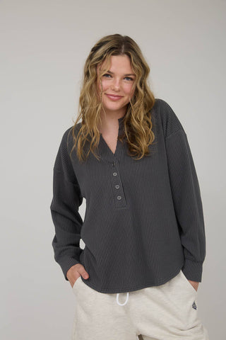 WASHED RIBBED LONG SLEEVE HENLEY KNIT TOP - Rise and Redemption