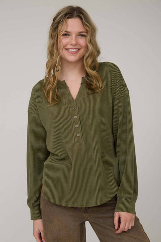WASHED RIBBED LONG SLEEVE HENLEY KNIT TOP - Rise and Redemption