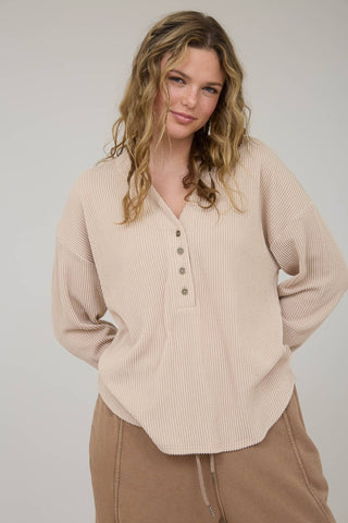 WASHED RIBBED LONG SLEEVE HENLEY KNIT TOP - Rise and Redemption
