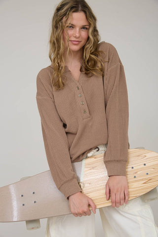 WASHED RIBBED LONG SLEEVE HENLEY KNIT TOP - Rise and Redemption
