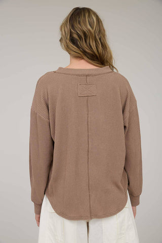 WASHED RIBBED LONG SLEEVE HENLEY KNIT TOP - Rise and Redemption