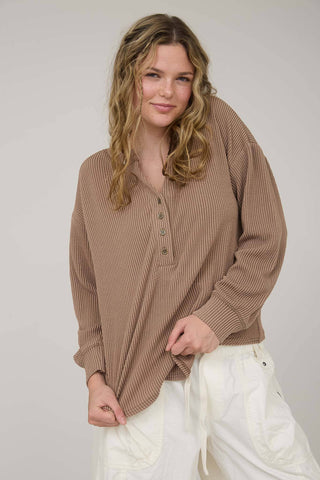 WASHED RIBBED LONG SLEEVE HENLEY KNIT TOP - Rise and Redemption