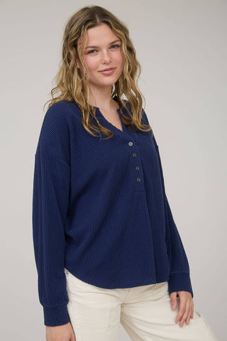 WASHED RIBBED LONG SLEEVE HENLEY KNIT TOP - Rise and Redemption