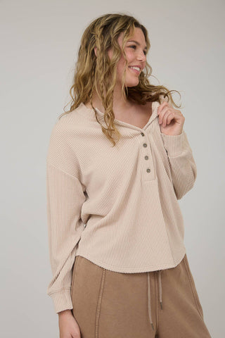 WASHED RIBBED LONG SLEEVE HENLEY KNIT TOP - Rise and Redemption