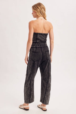 WASHED STRAPLESS SMOCKED WAIST DRAWSTRING JUMPSUIT - Rise and Redemption
