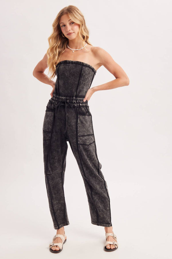 WASHED STRAPLESS SMOCKED WAIST DRAWSTRING JUMPSUIT - Rise and Redemption