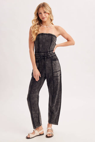 WASHED STRAPLESS SMOCKED WAIST DRAWSTRING JUMPSUIT - Rise and Redemption