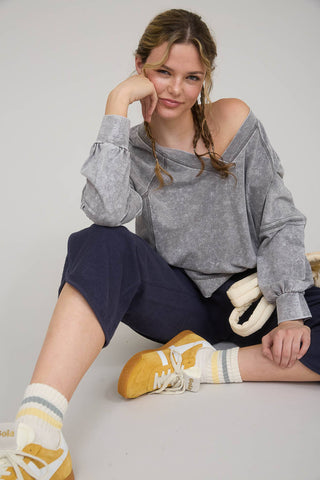 WASHED V NECK EXPOSED SEAM LONG SLEEVE KNIT TOP - Rise and Redemption