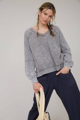 WASHED V NECK EXPOSED SEAM LONG SLEEVE KNIT TOP - Rise and Redemption