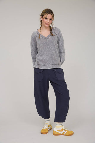 WASHED V NECK EXPOSED SEAM LONG SLEEVE KNIT TOP - Rise and Redemption