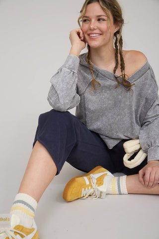 WASHED V NECK EXPOSED SEAM LONG SLEEVE KNIT TOP - Rise and Redemption